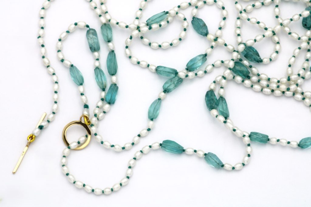 “Aqua marine and pearl” Necklace, gold, aqua marines, pearls