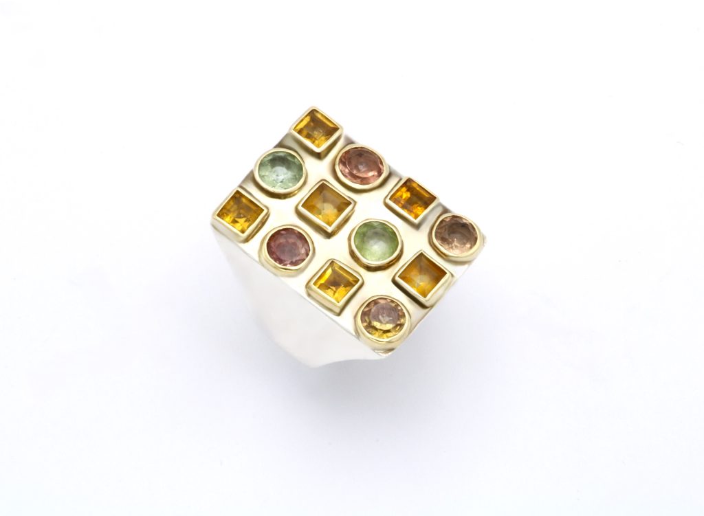 “Mosaique” Ring, silver and gold, citrin and tourmaline
