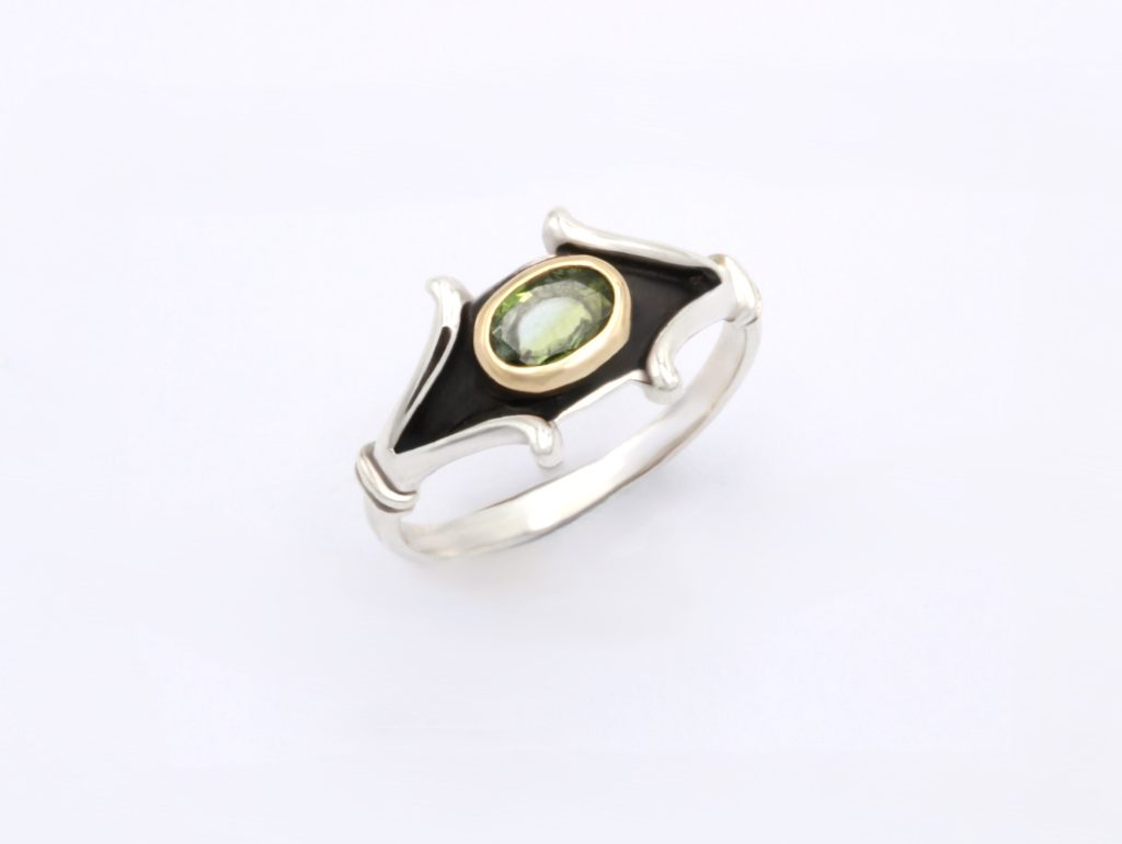 “Ear” Ring, silver and gold, tourmaline