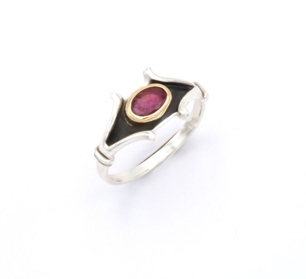 “Ear” Ring, silver and gold, tourmaline