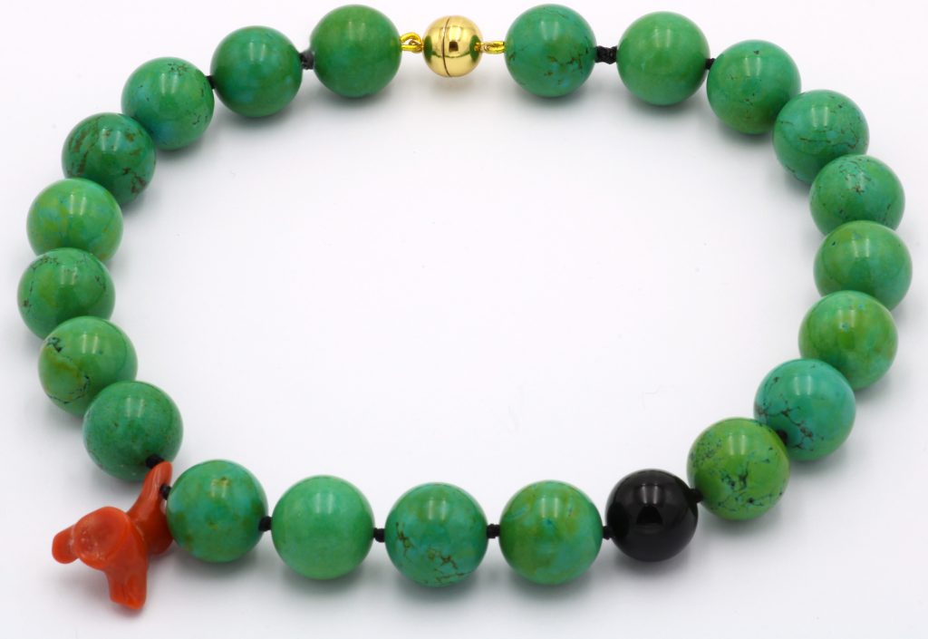 “Green turquoise with a twist” Κολιέ ασημένιο κιτρινο με πράσινο τυρκουάζ, όνυχα και κοράλι