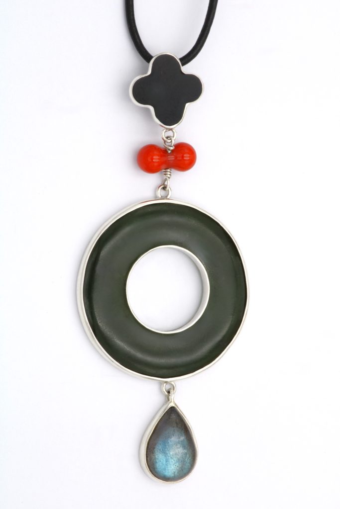 “Tradition reloaded II” Pendant silver, onyx, coral, jade, labradorite